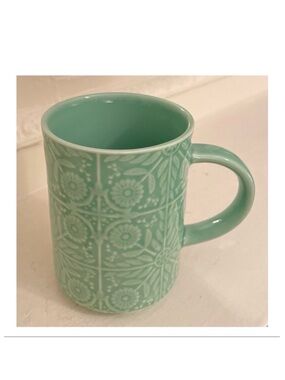 Starbucks 12 oz Jade Green Ceramic Coffee Mug with Embossed 3D Floral Design